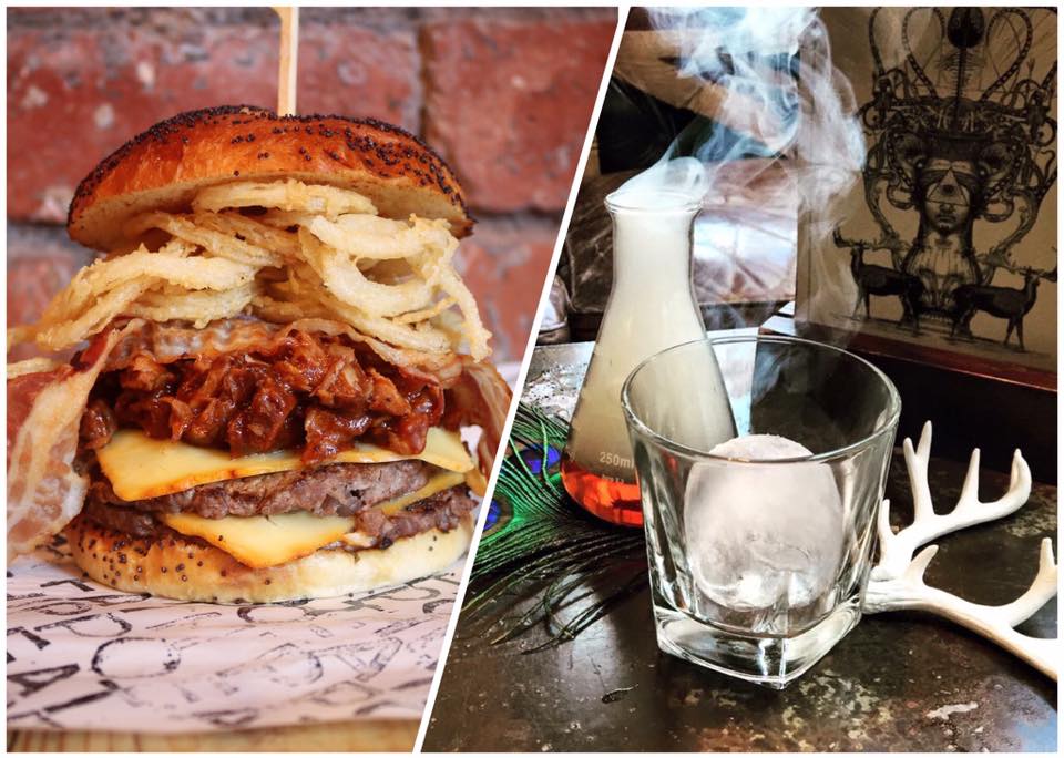 Split image of a burger and a cocktail at Alchemist Newcastle